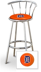 wants to celebrate the love of baseball with this this  29 Tall Chrome Finish Retro Style Backless Stool Featuring the Detroit  Tigers MLB Team Logo Decal on an Orange Vinyl Covered