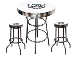 White 3-Piece Pub/Bar Table Set Featuring the New York Jets NFL Team Logo  Decal and 2-29 Team Fabric and Clear Vinyl Covered Swivel Seat Cushions