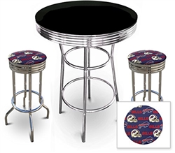 White 3-Piece Pub/Bar Table Set Featuring the Buffalo Bills NFL Team Logo  Decal and 2-29 Team Fabric and Clear Vinyl Covered Swivel Seat Cushions