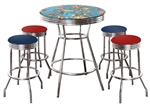 Superman Themed 5 Piece Bar Table Set! Glass Top Table with 2 Red Vinyl & 2 Blue Vinyl Swivel Seat Bar Stools